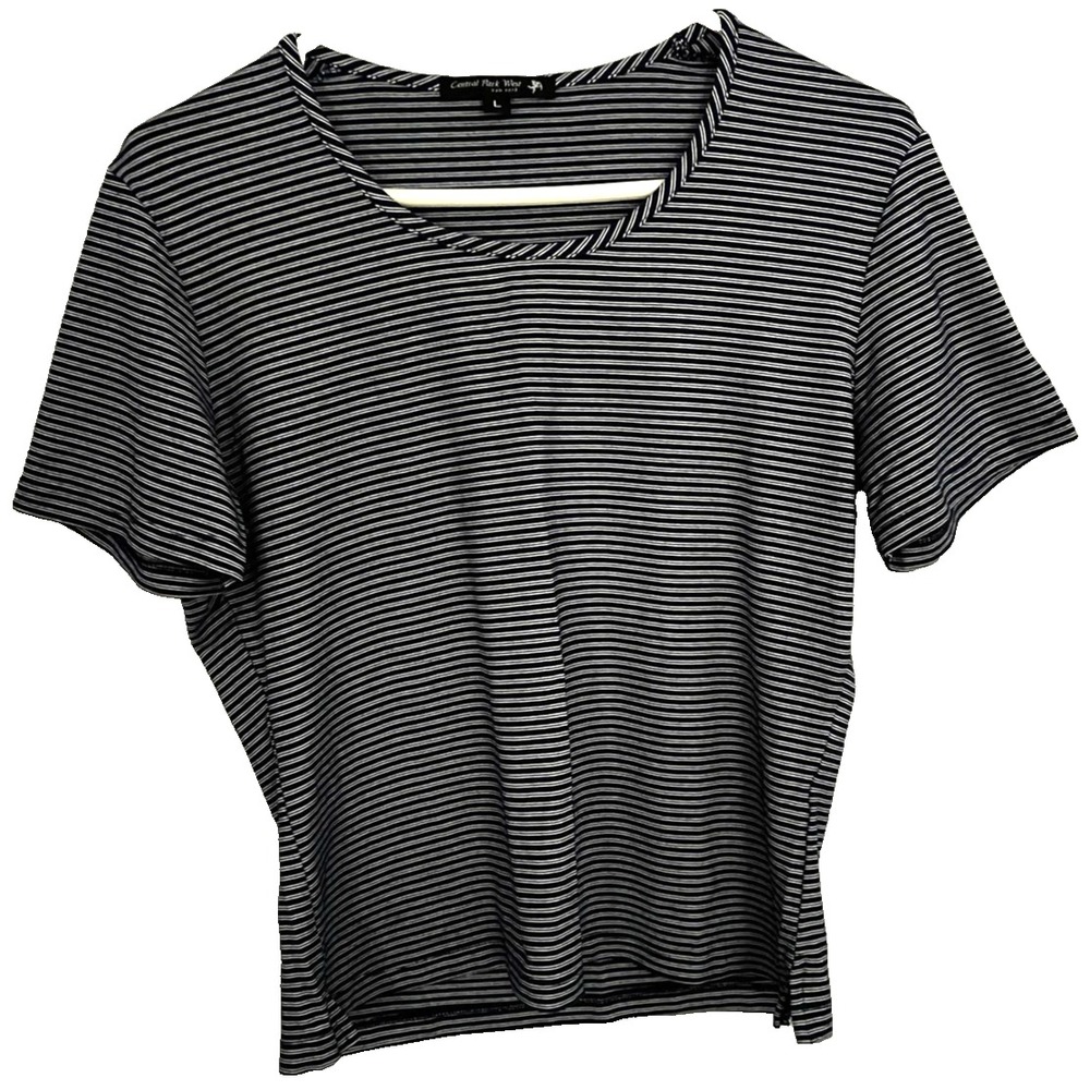 Central Park West Shirt Women L Navy Blue White Stripe Crewneck Made USA Stretch